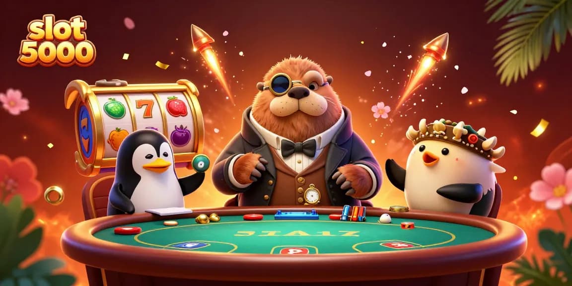 Slot 5000 memikat dengan walrus dan dealer di meja slot yang meriah.