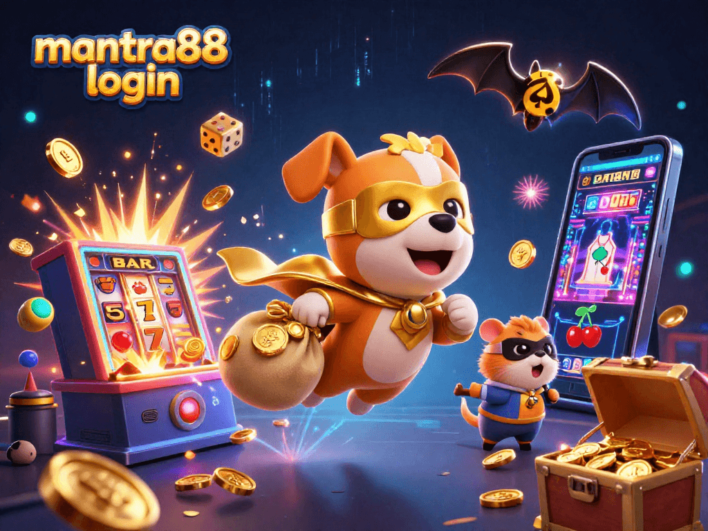 Experience thrilling gameplay at mantra88 login with a superhero dog and gold coins amidst vibrant casino elements.
