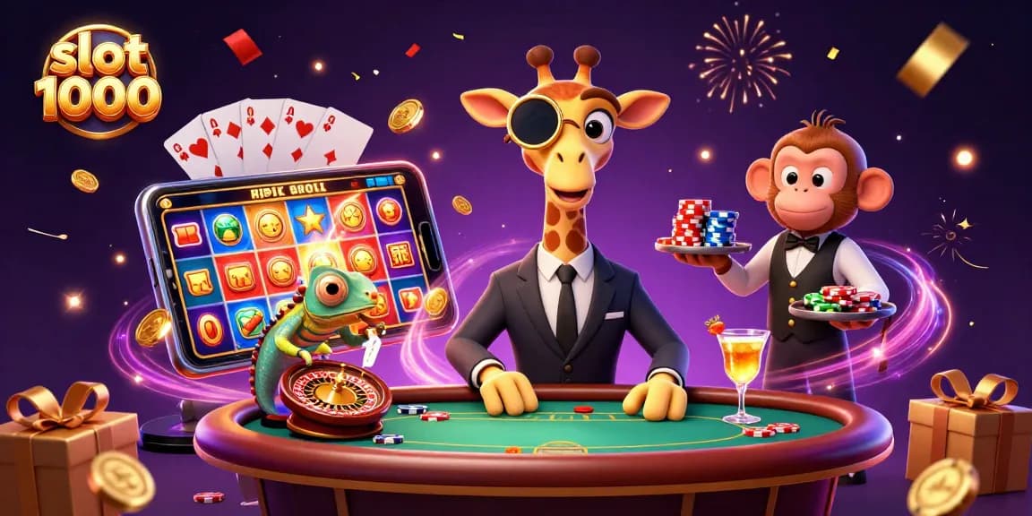 Permainan slot 1000 yang mengasyikkan ditampilkan dalam ilustrasi 3D yang menarik dengan karakter lucu.