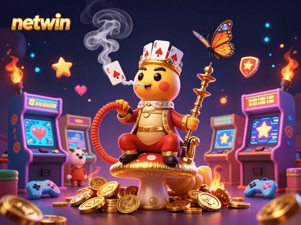 Experience netwin's vibrant gaming scene with a mystical caterpillar and intricate casino elements