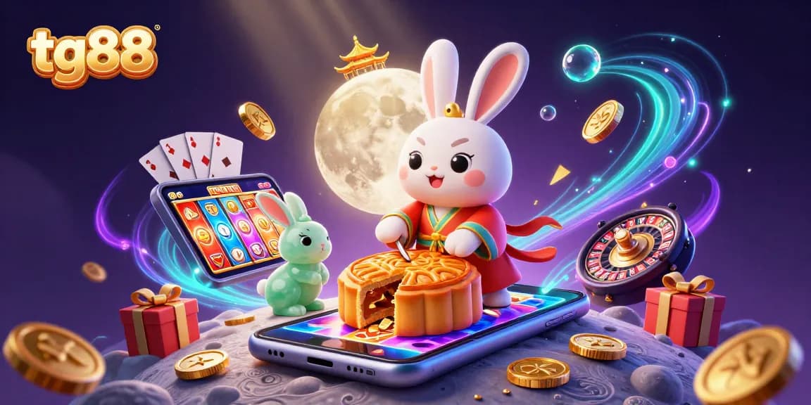 Experience thrilling gameplay at tg88 with a vibrant 3D casino scene featuring moon rabbits and mesmerizing game elements.