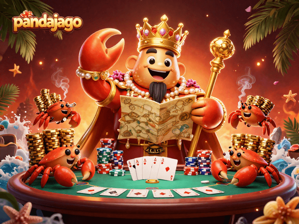 Pandajago menunjukkan peluang jackpot di kasino dengan karakter kepiting emas dan elemen permainan dikelilinginya.
