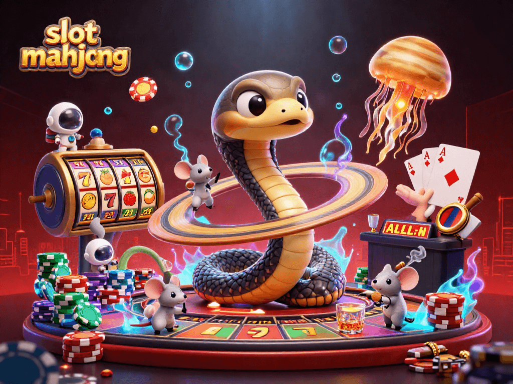Experience slot mahjong excitement with a cosmic casino scene featuring a Saturn snake and astronaut mice.