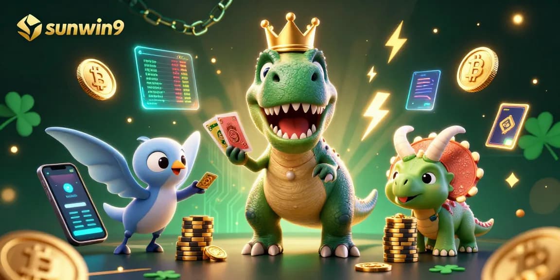 Engage with sunwin9's thrilling casino scene featuring a T-Rex shuffling cards with a pterodactyl and triceratops.