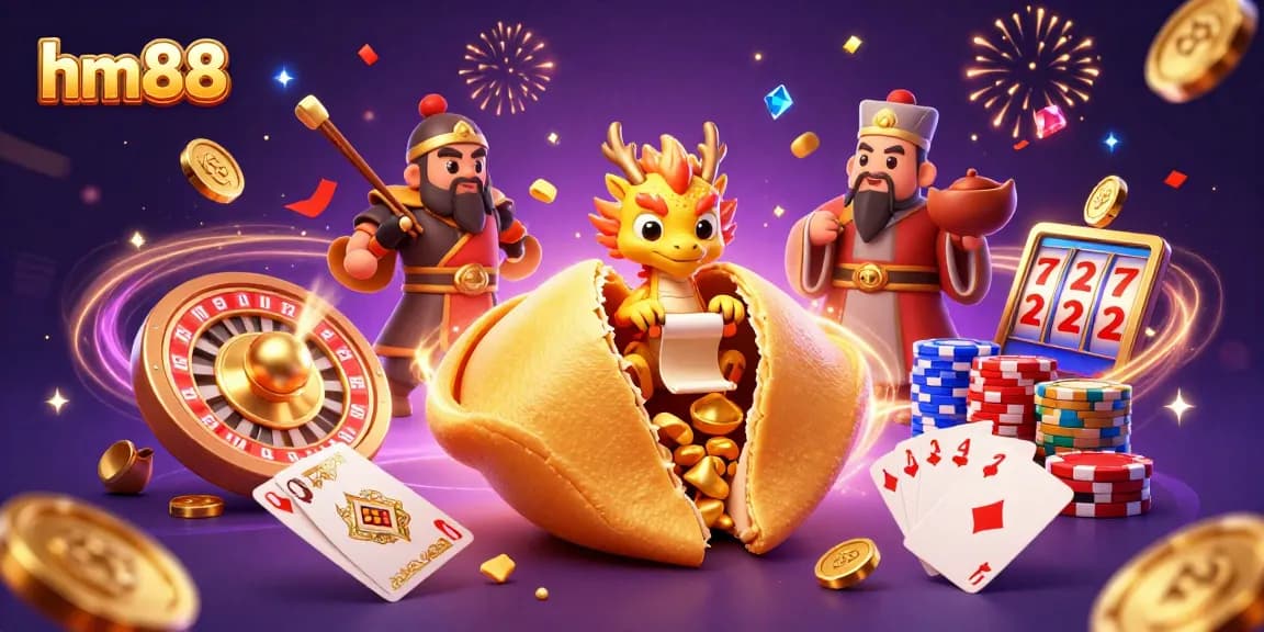 Join the fun at hm88 with golden fortune cookies, dragon wisdom, and vibrant casino elements.