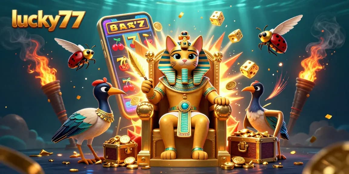 Spin the lucky77 slot machine featuring an Egyptian pharaoh cat and a treasure trove of gold coins.