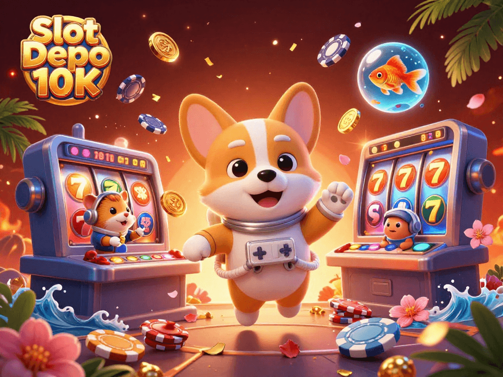Spin to win with Slot Depo 10K at this dynamic space casino illustration featuring a corgi and exciting game elements.
