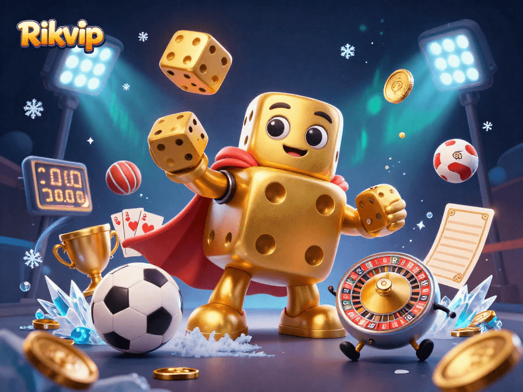 Experience thrilling gaming moments at Rikvip with a dynamic casino scene featuring golden dice golem and sports elements.