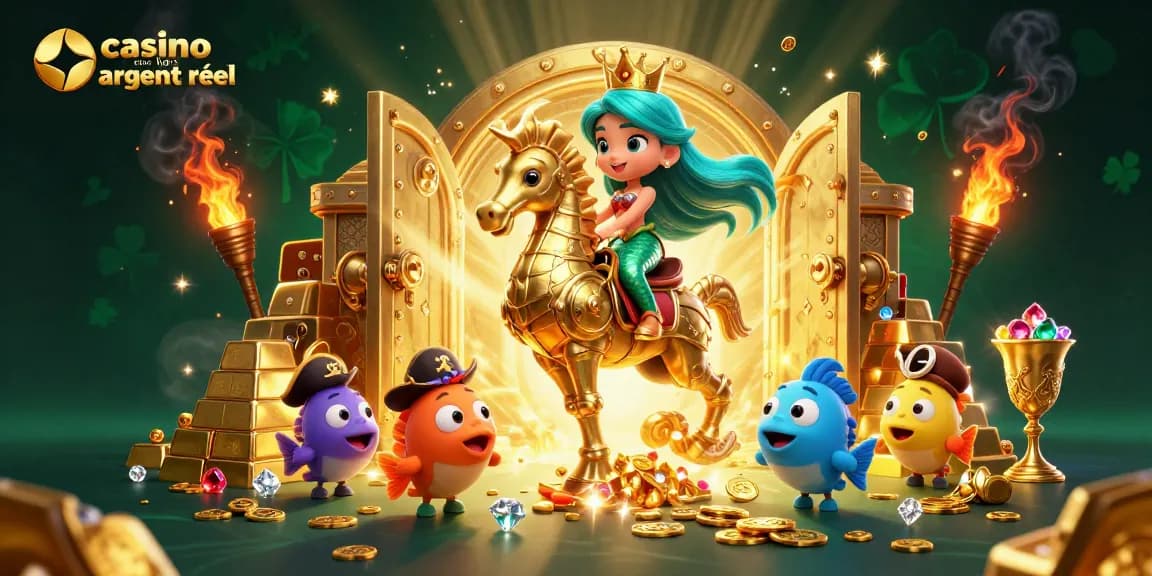 Jouez au casino en ligne argent réel avec une princesse sirène et un hippocampe doré entouré de trésors lumineux.