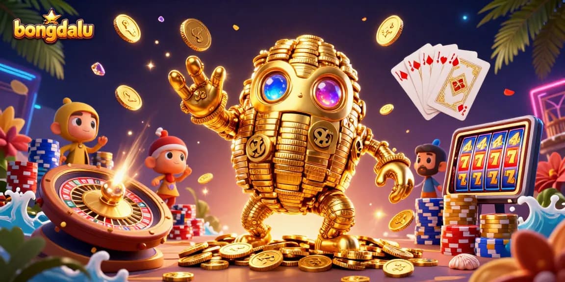 Engage with the latest bongdalu sports betting dynamics, featuring vibrant gold coin golems and casino elements.