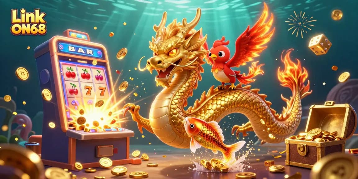 Engage with the thrilling world of Link ON68 through a dynamic casino adventure featuring mythical creatures, game elements, and a glittering background.