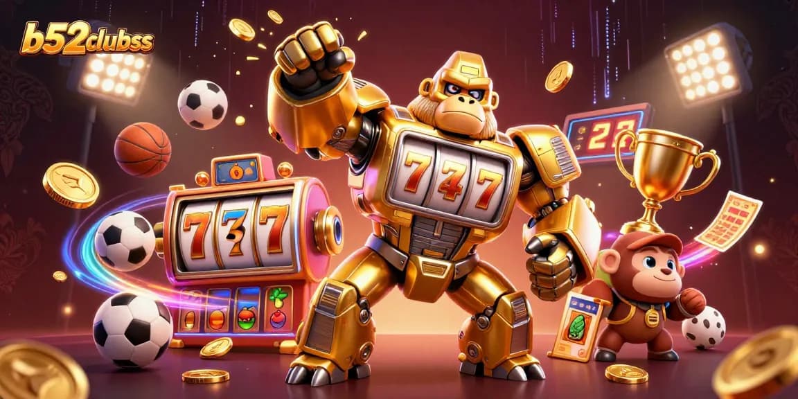 b52clubss celebrates winning moments in a vibrant 3D casino world with slot machine gorilla and sports elements.