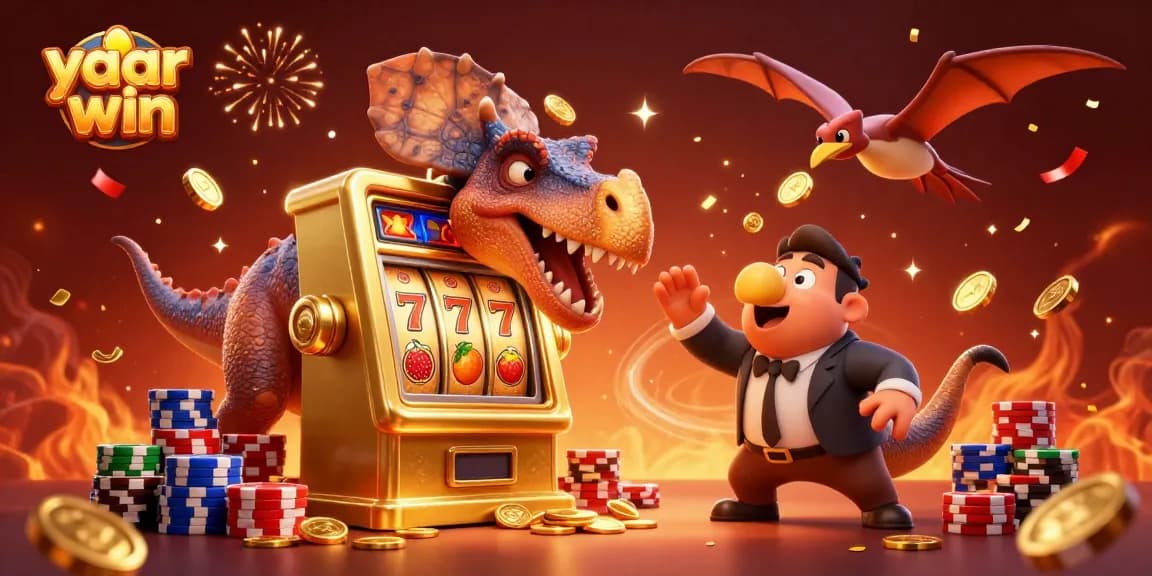 Experience the excitement of yaar win as a pachycephalosaurus triggers a jackpot, coins flying everywhere!