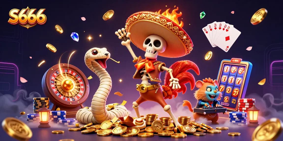 S666 brings excitement with a victory dance amidst glittering gold coins, roulette wheels, and vibrant casino elements.
