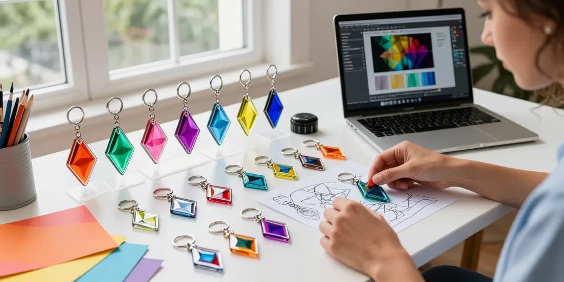 Stylish custom acrylic diamond keychains on display during a creative photo shoot, showcasing their vibrant colours and designs.