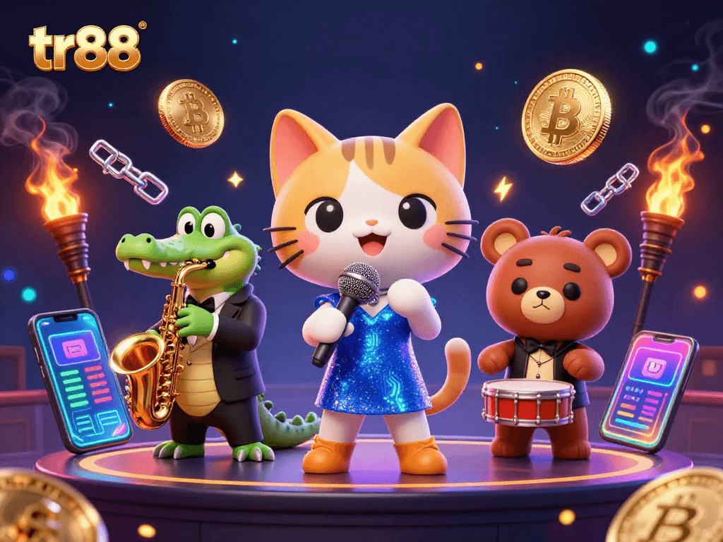 tr88 offers exciting gaming adventures with a jazzy cat, a crocodile, and a bear in a vivid casino scene