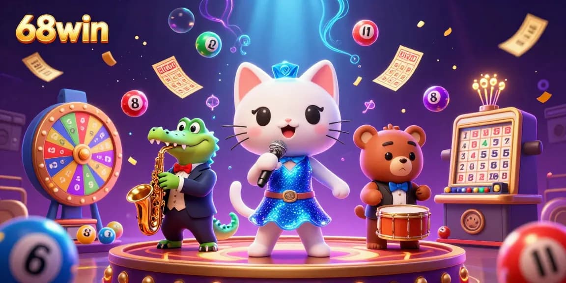 Experience the excitement of 68win's online gaming with vibrant casino characters and thrilling lottery elements.