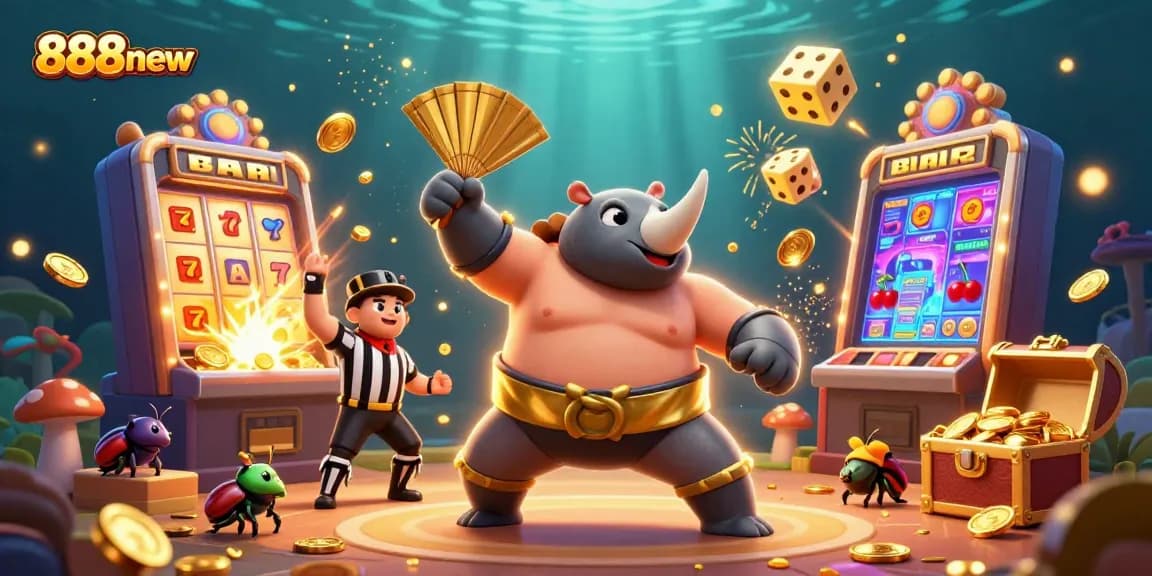 Catch thrilling moments with 888new as a rhinoceros beetle sumo champion stomps coins while spectators cheer on.