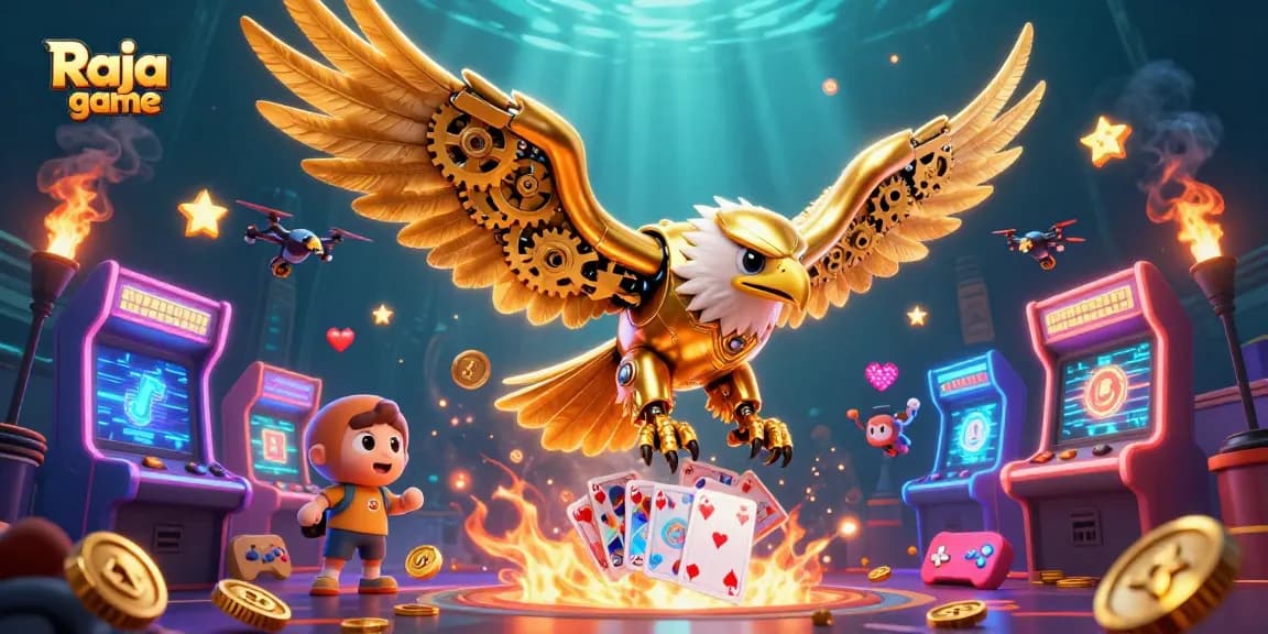 Raja game player diving into a vibrant 3D gaming environment with holographic cards and arcade machines.