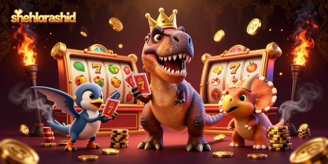 shehlarashid showcases a vibrant casino scene with T-Rex and triceratops engaged in card shuffling and chip stacking