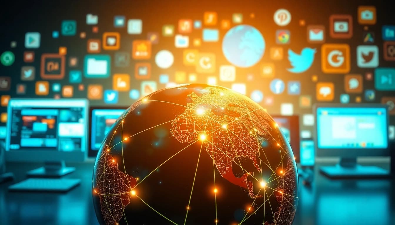 Visualizing the evolution of internet history through iconic web elements and digital devices.