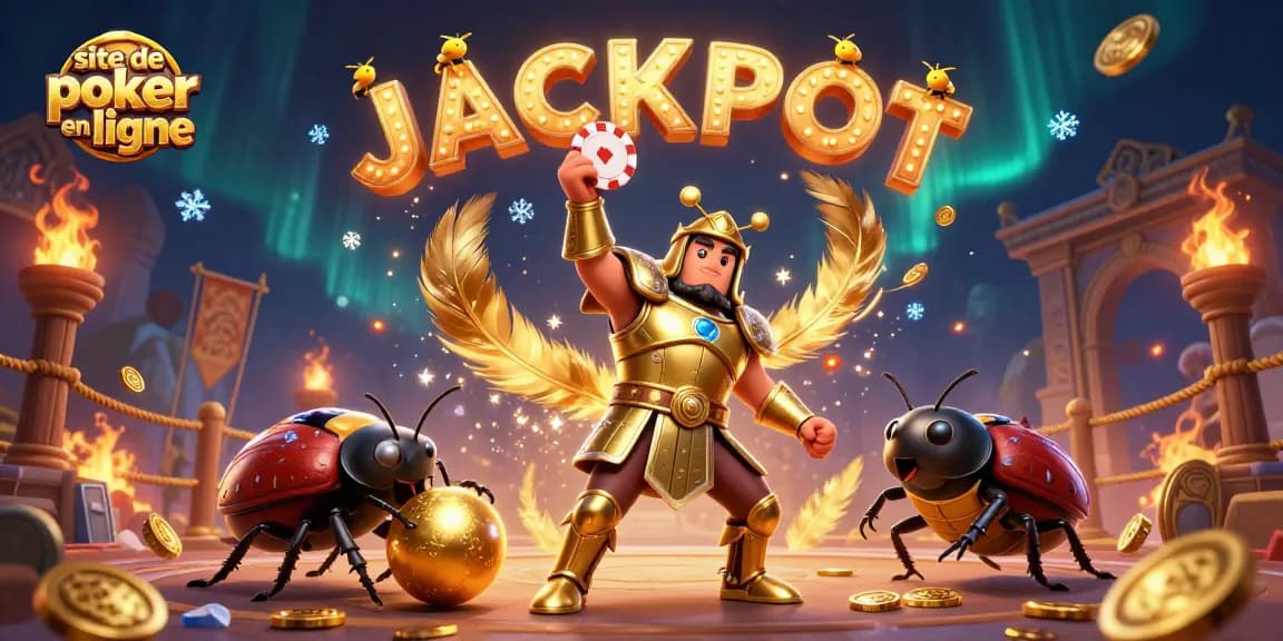 Jouez sur le meilleur site de poker en ligne avec une illustration dynamique, un scarabée héroïque soulevant un jeton de poker.