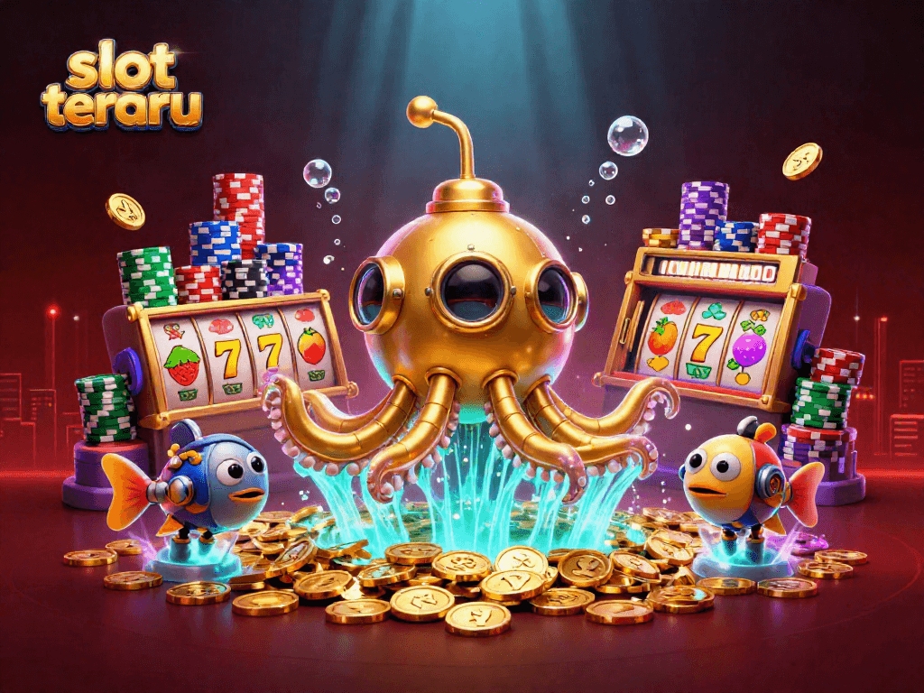 Exciting slot terbaru action with a golden kraken submarine amidst poker chips and vibrant slot reels.