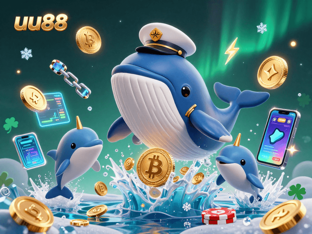 uu88 showcases a playful scene with a whale, narwhal, and dolphins amidst digital casino elements.