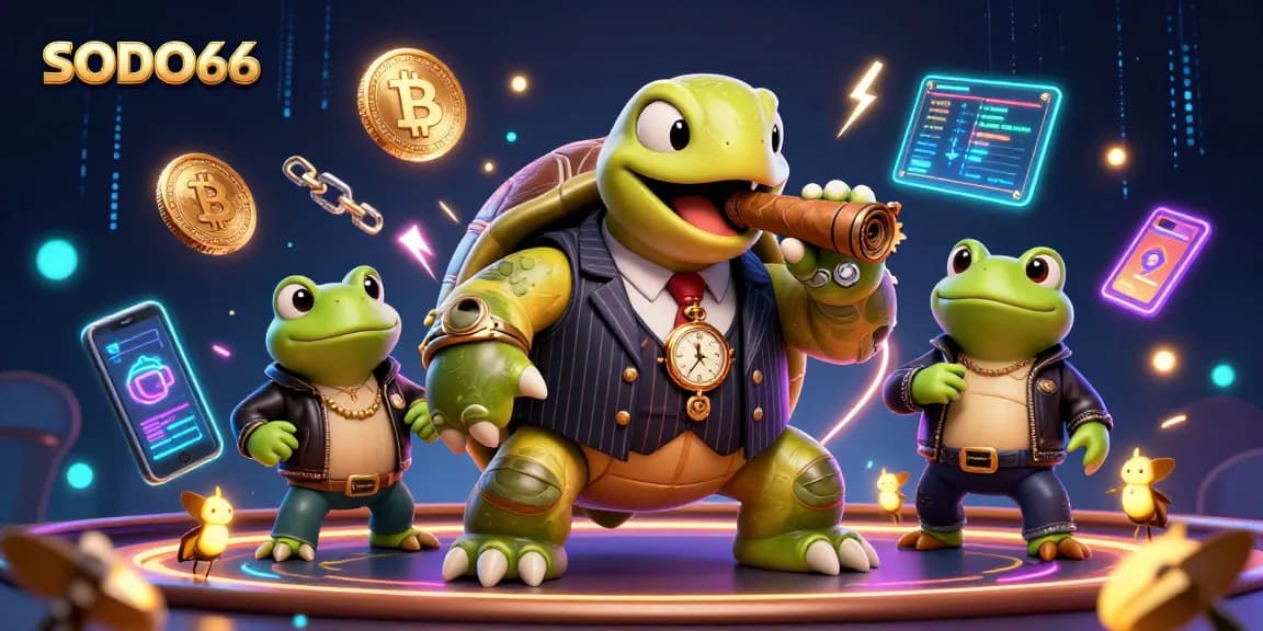 SODO66 showcases a vibrant 3D scene with a snapping turtle in a suit and bullfrog enforcers, symbolizing dynamic casino excitement.