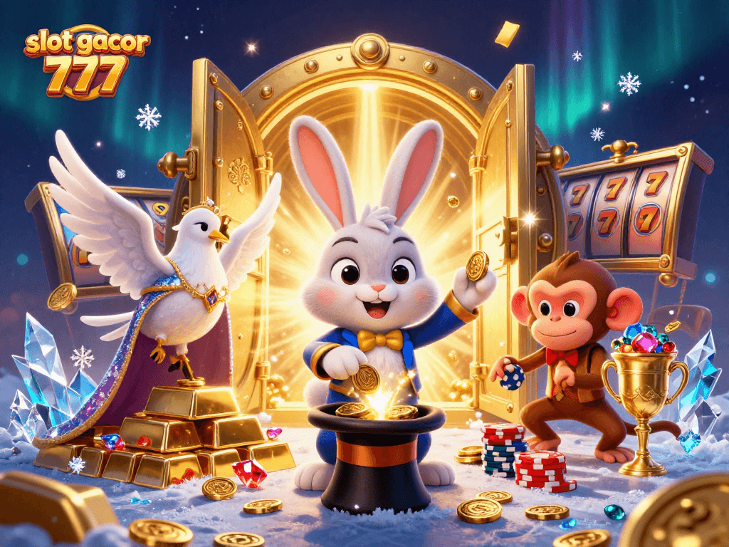 Spin and win with slot gacor 777 as a 3D magician rabbit, dove, and monkey bring gems and gold coins to life.