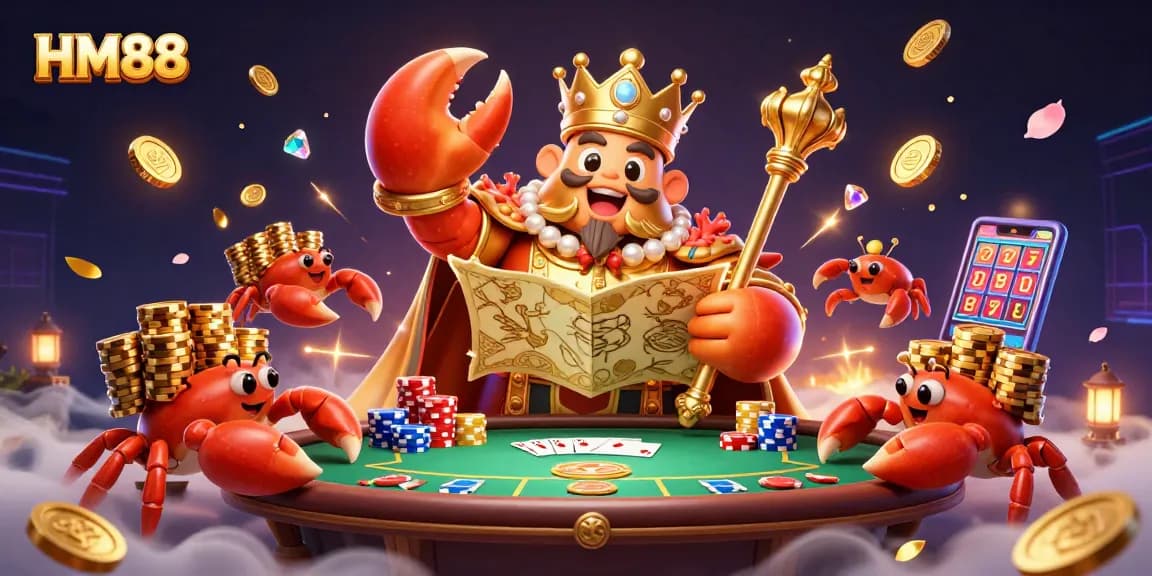 HM88 players betting with a golden crab emperor in a vibrant casino scene filled with poker chips.