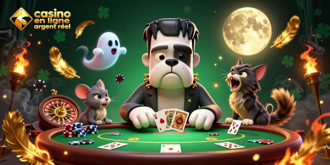 Jouer dans un casino en ligne argent réel avec un bulldog Frankenstein et des jetons de poker.