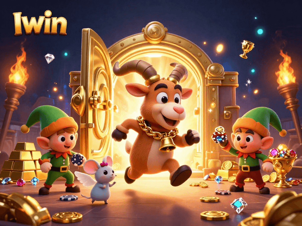 Iwin casino scene featuring Krampus goat and mischievous elves stealing chips in a festive atmosphere