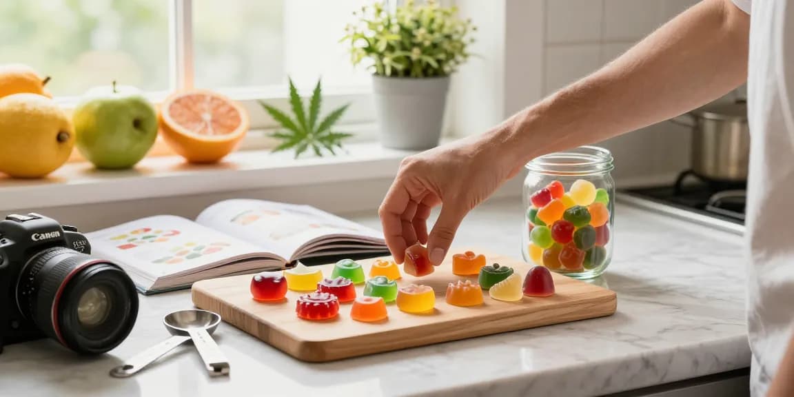 Enjoying thc gummies amidst fresh fruits and herbs in a sunny kitchen.