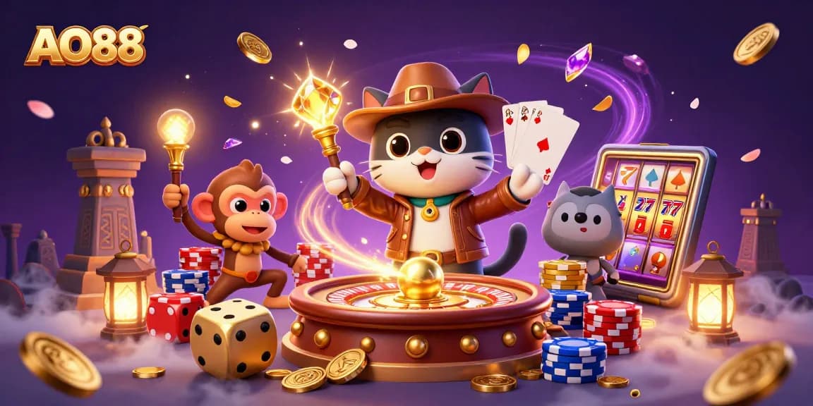 Experience thrilling gameplay with AO88 as explorers uncover casino treasures surrounded by vibrant gaming elements.