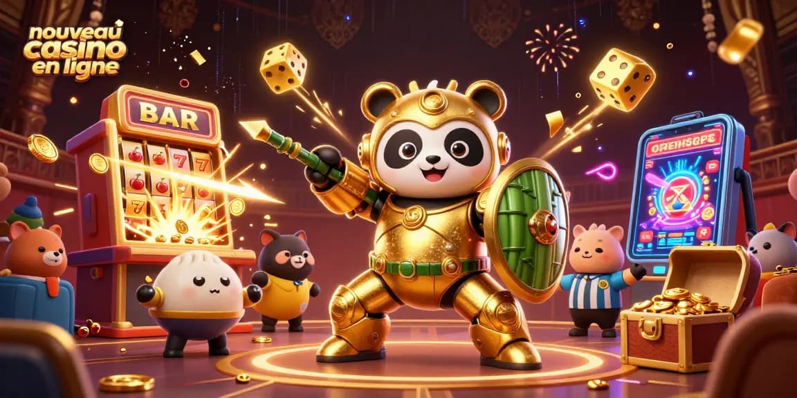 Plongez dans l'univers du nouveau casino en ligne avec cette scène dynamique réunissant un panda en armure, des machines à sous, et des effets de jackpot.