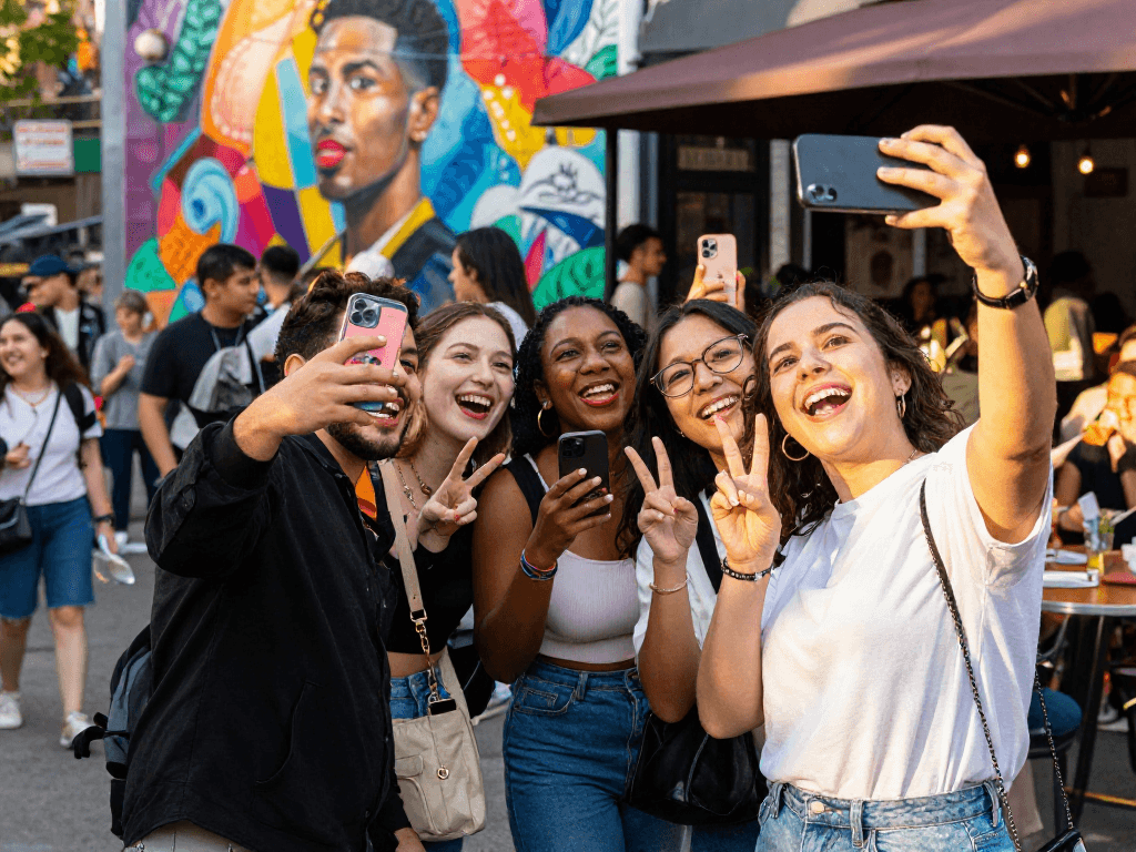 Enjoying a fun gathering to see who looks like a celebrity among friends in an urban setting.