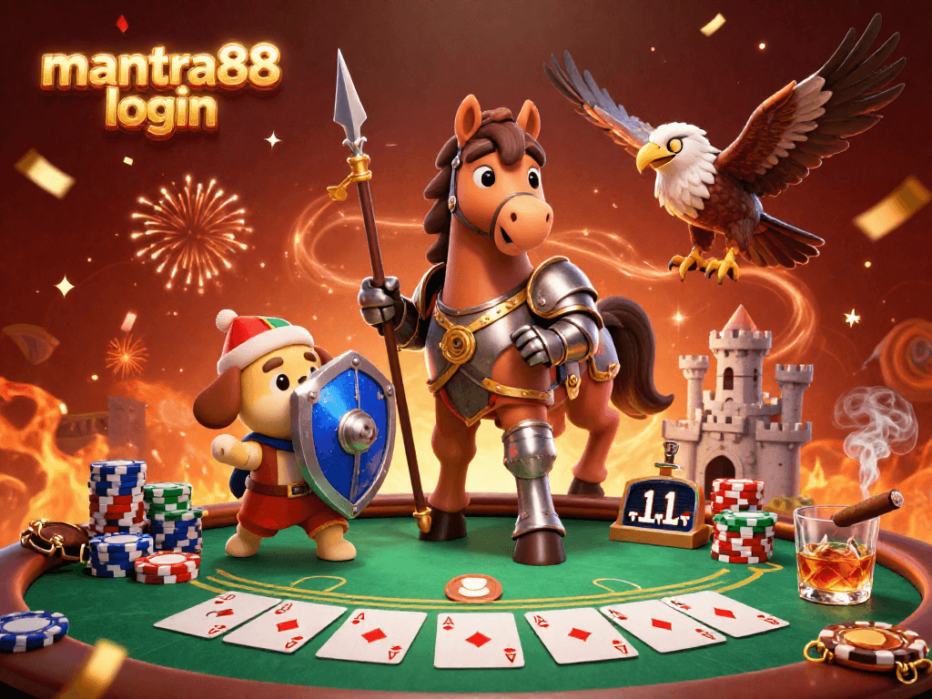 Engage with mantra88 login as you enjoy a vibrant scene of gaming excitement with a medieval knight, squire, and falcon.