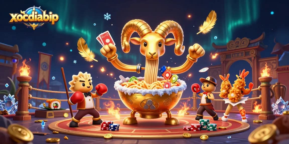 Xocdiabip showcases thrilling action with a golden ramen bowl dealer and animated casino characters.