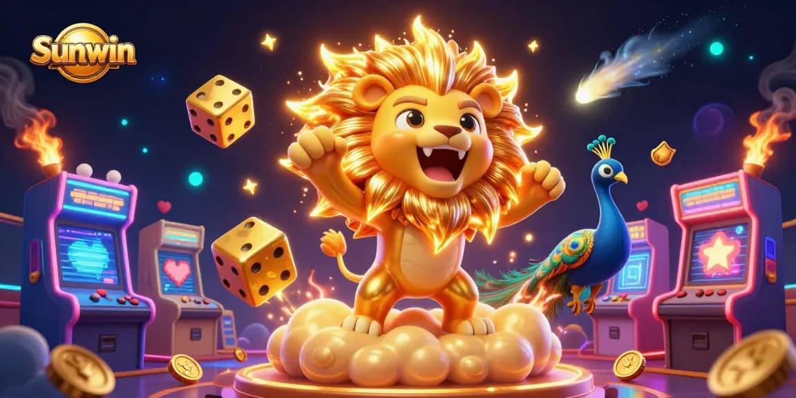 Sunwin's exciting casino illustration with a sun lion triumphantly roaring alongside golden dice and gaming elements.