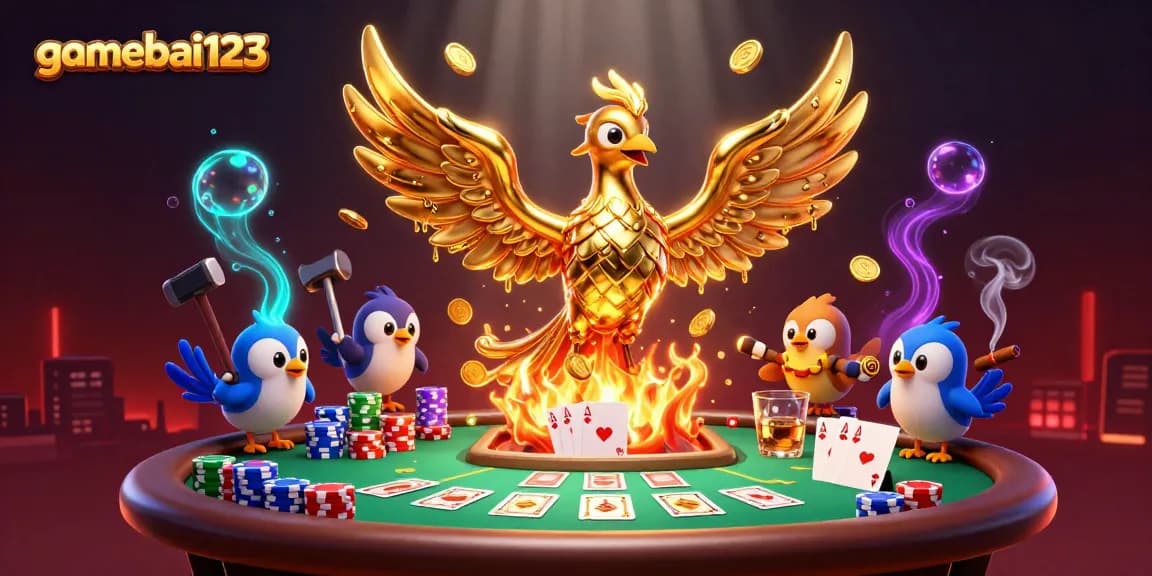 Experience exciting gameplay at gamebai123 with a golden phoenix unleashing fortune atop a bustling poker table.