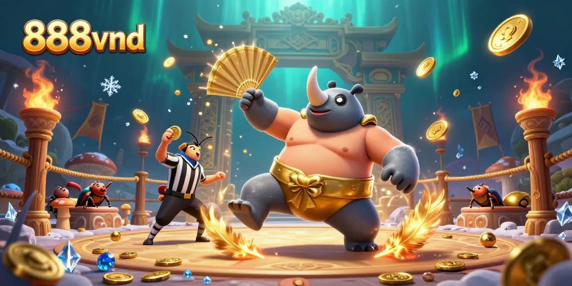 Experience the thrilling world of 888vnd with a vibrant 3D illustration of a beetle sumo match.