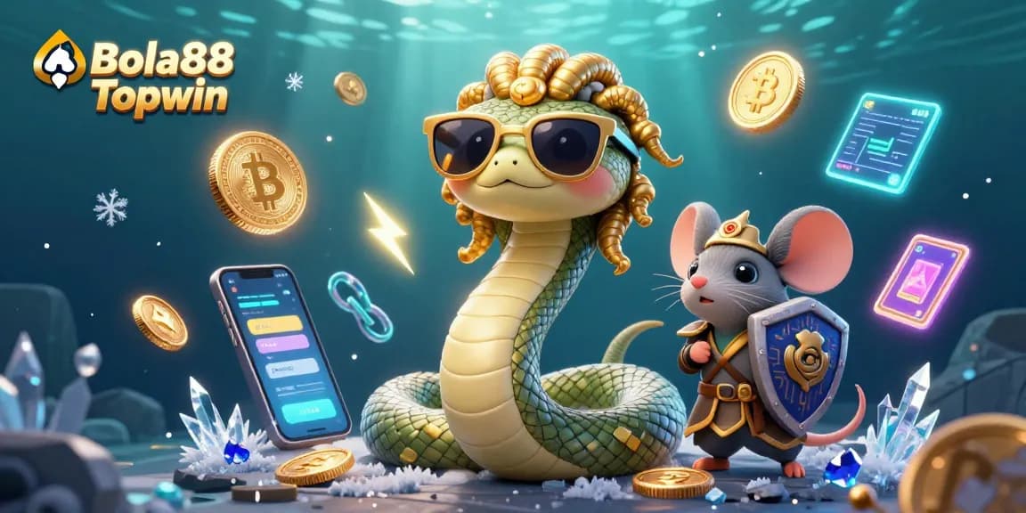 Bola88 Topwin offers vibrant casino experience illustrated with Medusa, warrior mouse, and crypto elements.