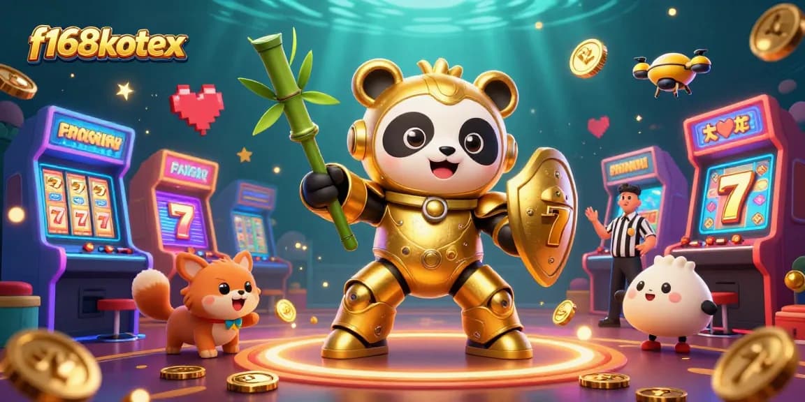 Experience the excitement of f168kotex with a dynamic casino scene featuring a golden panda and colorful game elements.