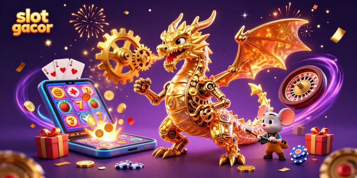 Engage in slot gacor excitement with a vibrant 3D dragon and animated casino elements.