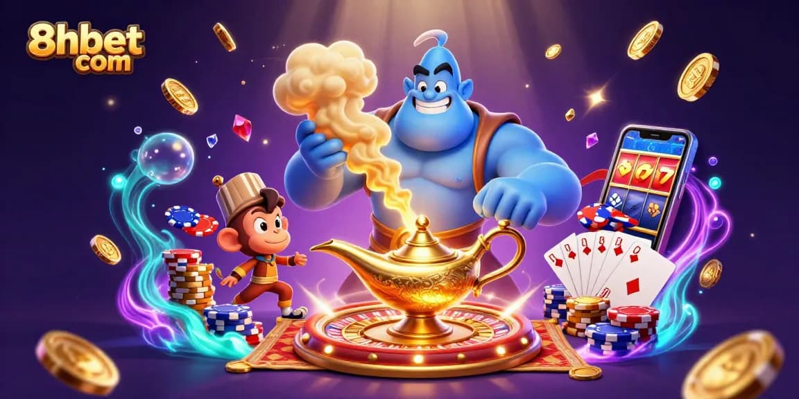 Experience thrilling gaming at 8xbet com with a whimsical 3D casino illustration highlighting iconic elements.