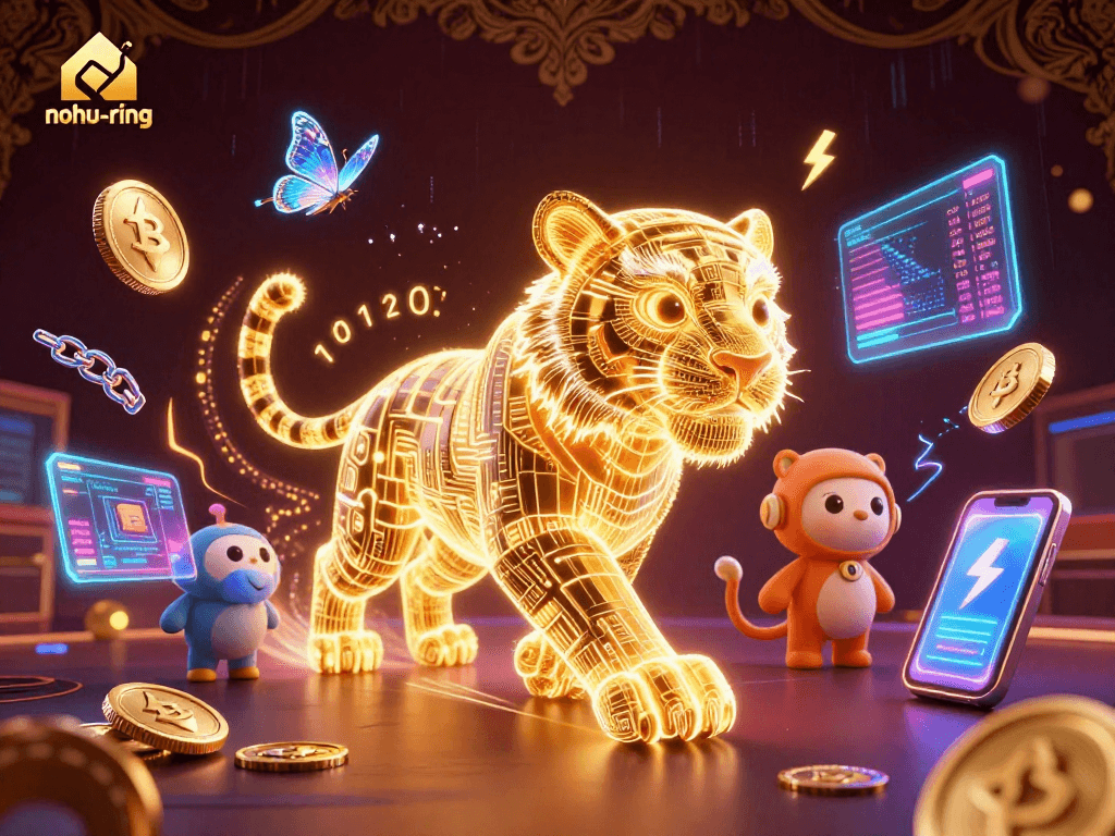 Nohu-ring game features a golden tiger amidst a vibrant digital casino, bringing engaging rewards.