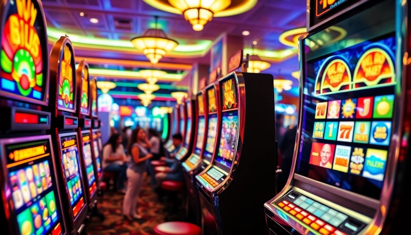 Experience the excitement of slot gambling with lively slot machines and players in action.