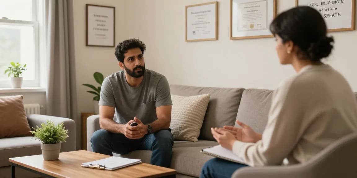 Best sex therapist in India, Dr. Dhruv Bhola, providing a confidential consultation in a warm therapy room.