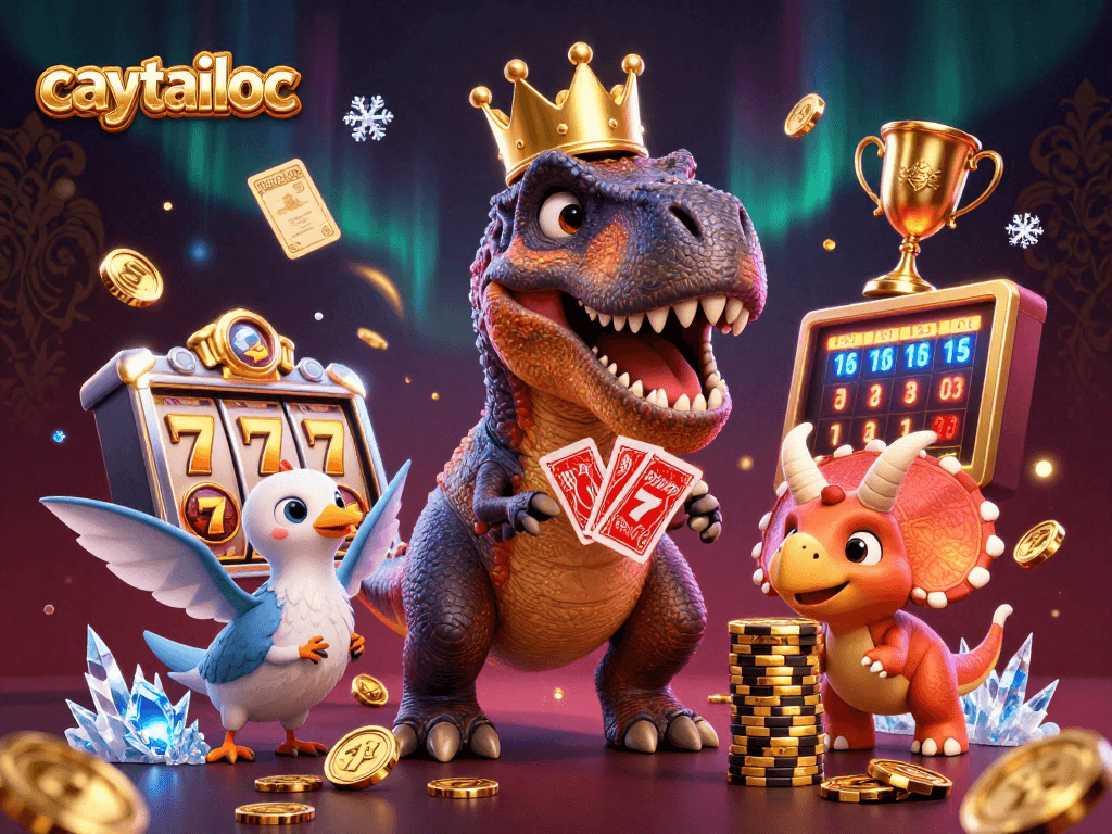 Experience winning with caytailoc as cartoon characters shuffle cards and stack chips in a lively casino scene.